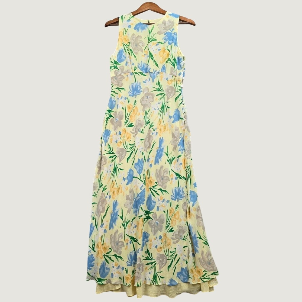 Casual Corner Floral Maxi Dress Womens 10 Yellow Rayon Sleeveless Cottagecore